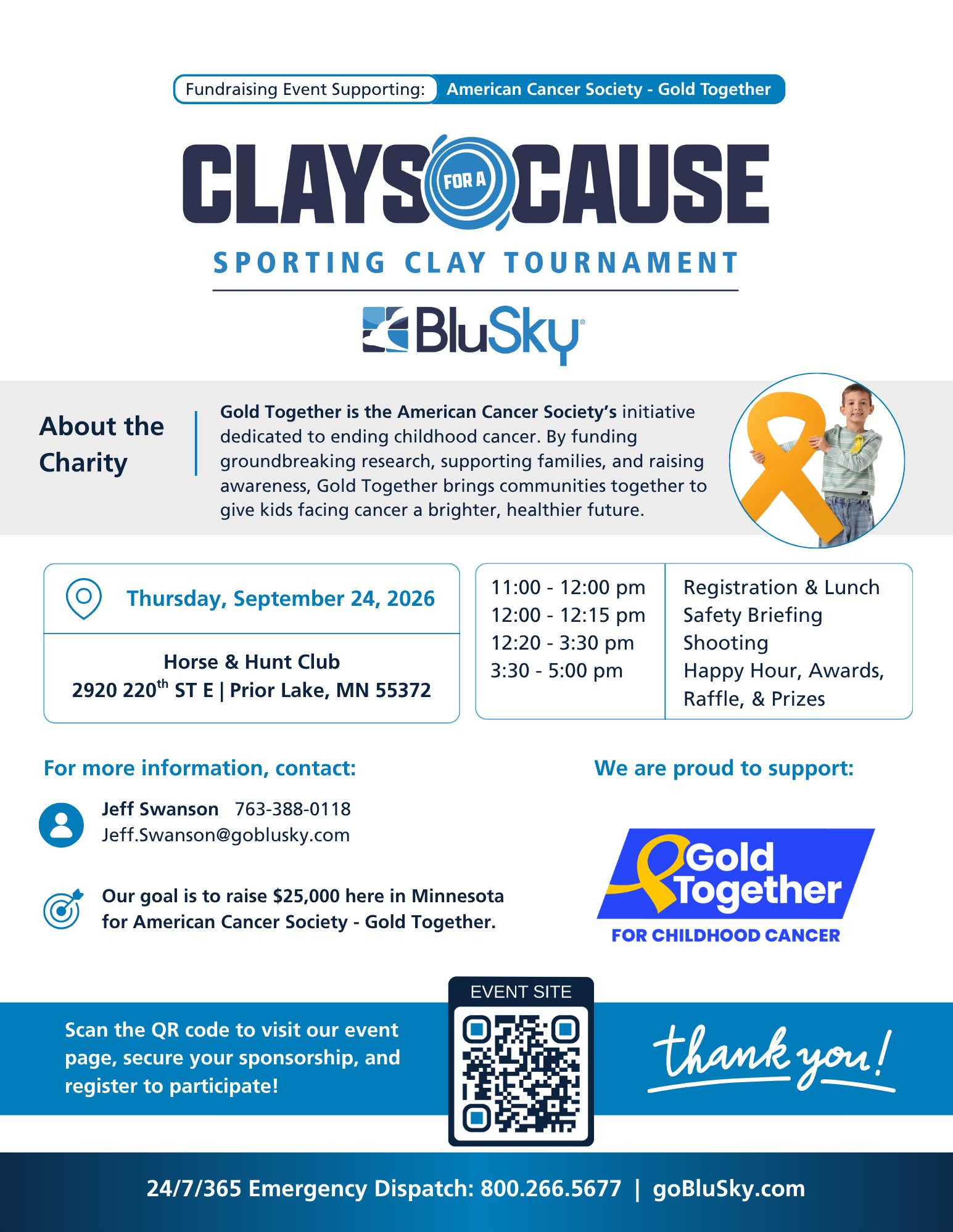 BluSky Clays for a Cause Sporting Clay Tournament event flyer supporting American Cancer Society Gold Together